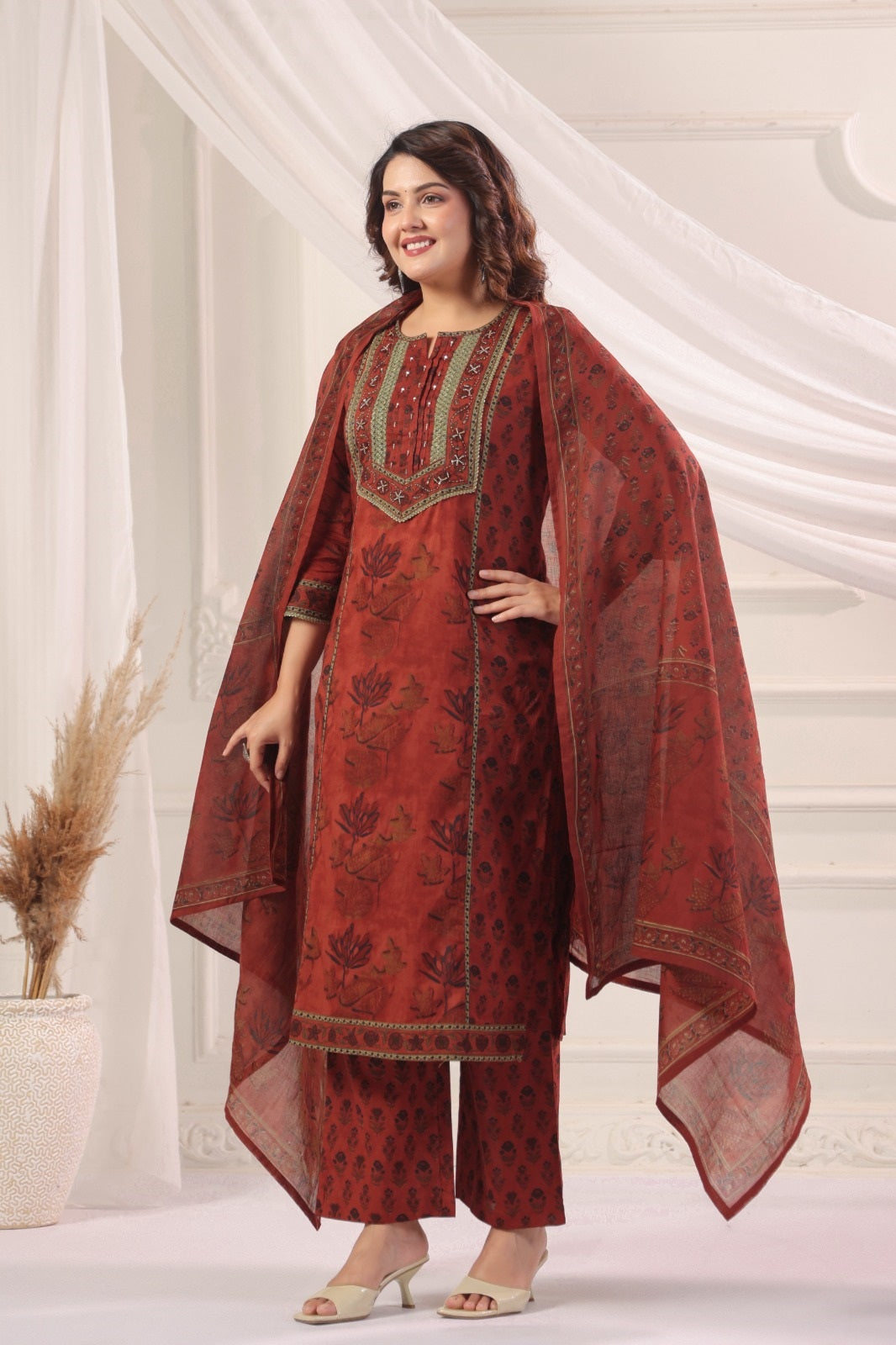 Satya Red Cotton Straight Suit Set For Women