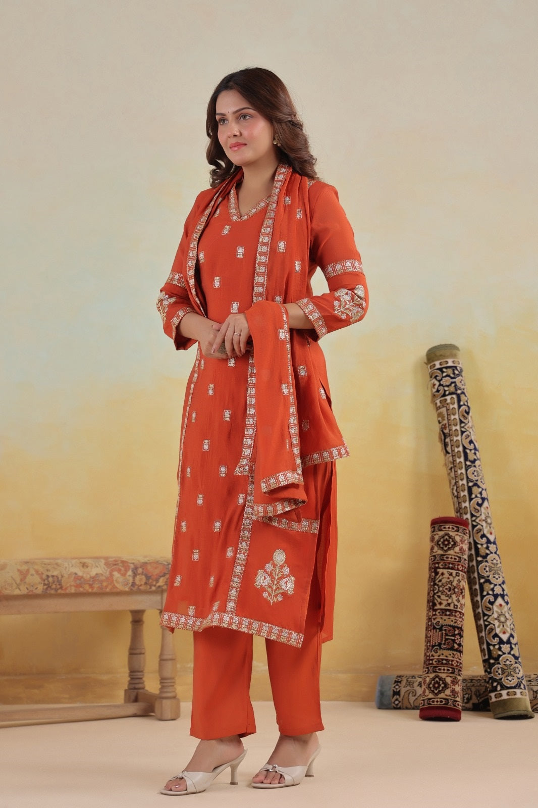 Ruhaani Rust Mul Chanderi Kurta Set With Jari Embroidery & Lining