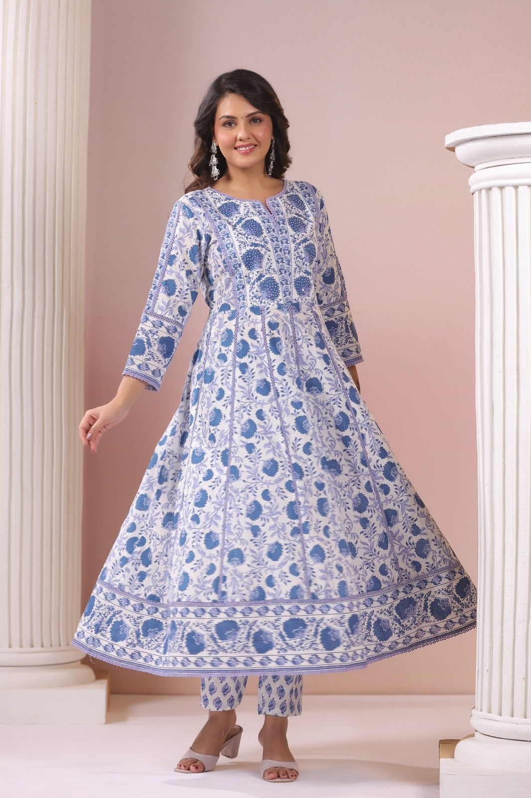 Izza Aqua Blue Floral Cotton Anarkali Set