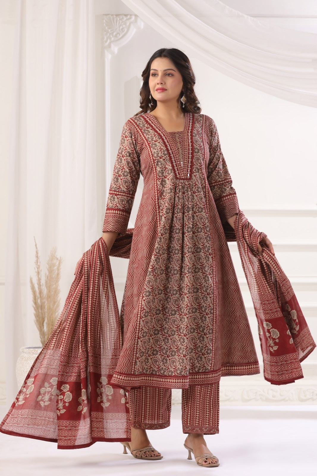 Meera Maroon Cotton A Line Suit Set For Women