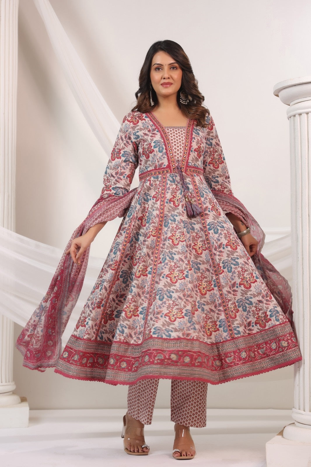 Ambar Blue & Maroon Cotton Anarkali Suit Set