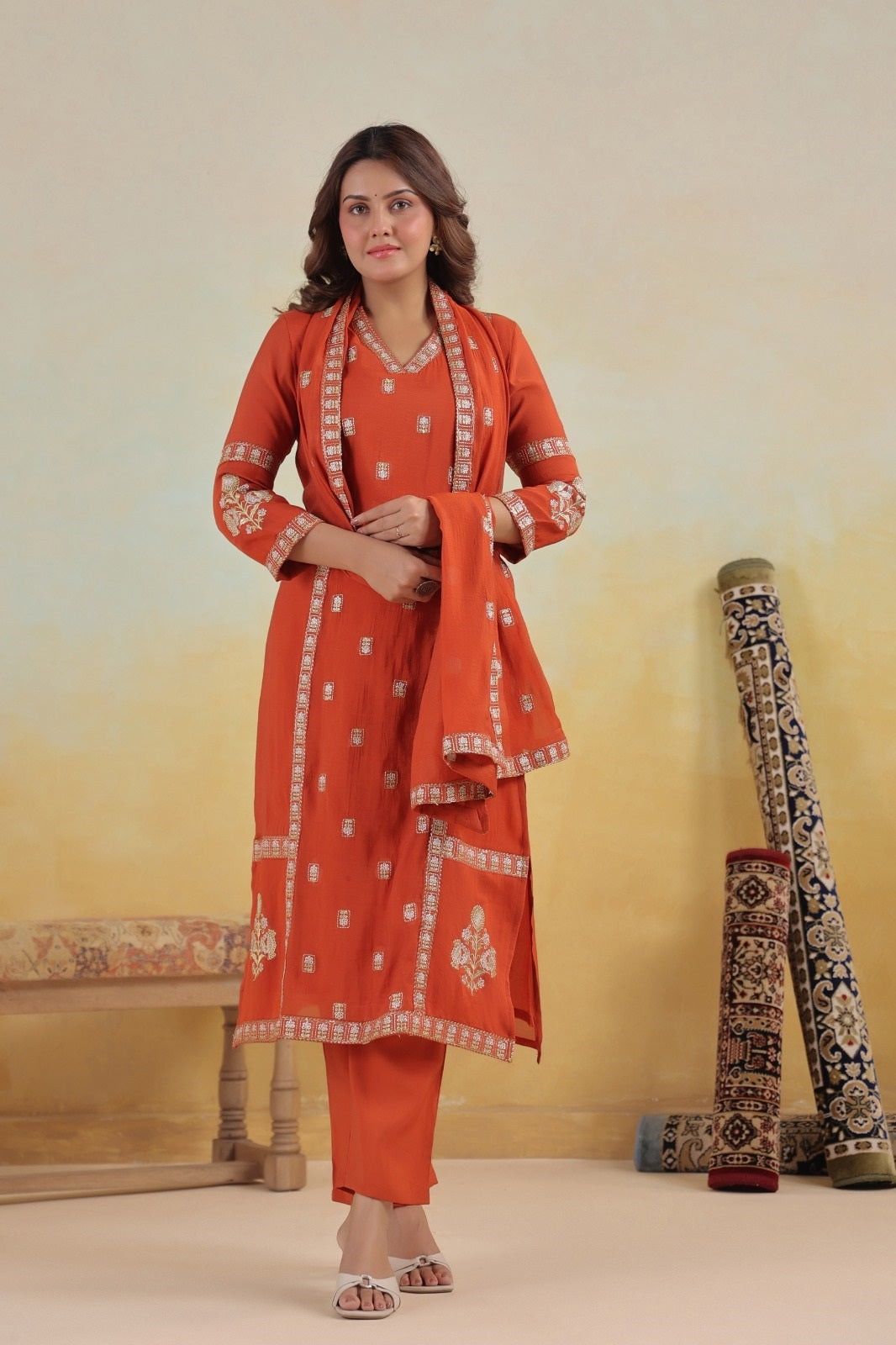 Ruhaani Rust Mul Chanderi Kurta Set With Jari Embroidery & Lining