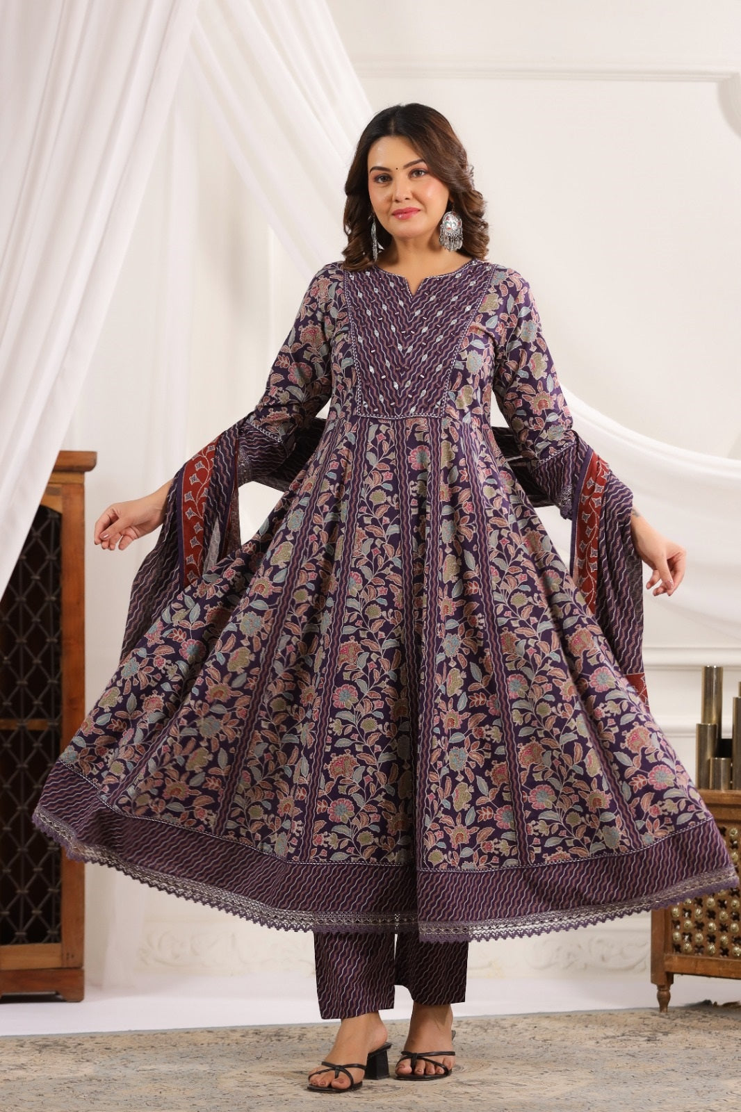 Saanvi Violet Cotton Anarkali Suit Set For Women