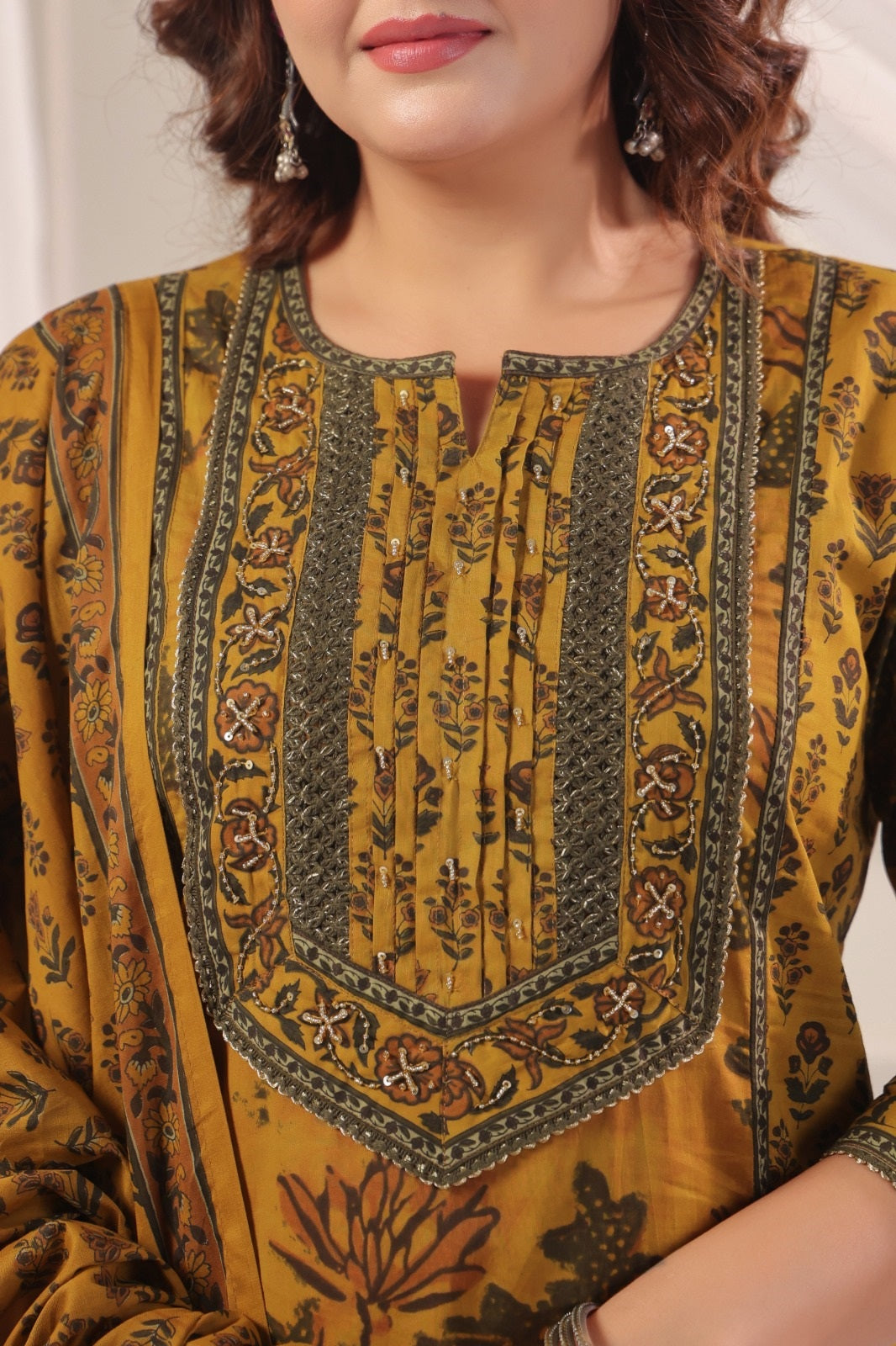 Amani Mustard Cotton Straight Suit Set For Women