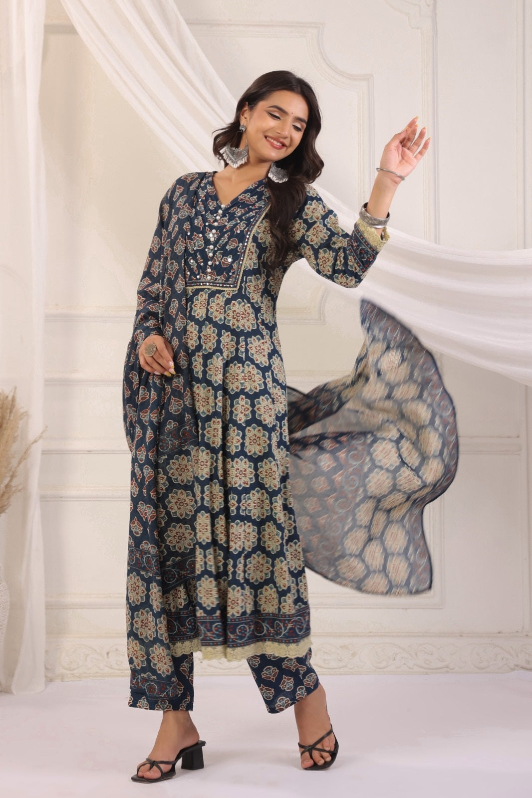 Akshara Blue Cotton Anarkali Suit Set For Women