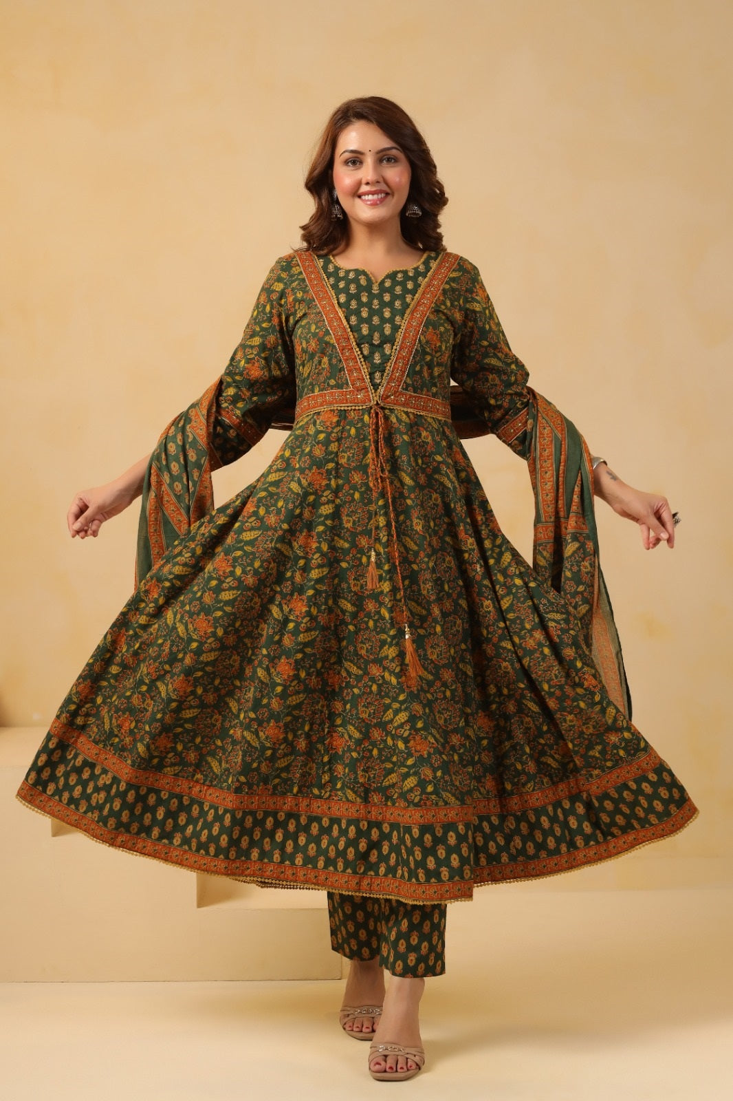 Zohra Green Premium Cotton Anarkali Suit Set