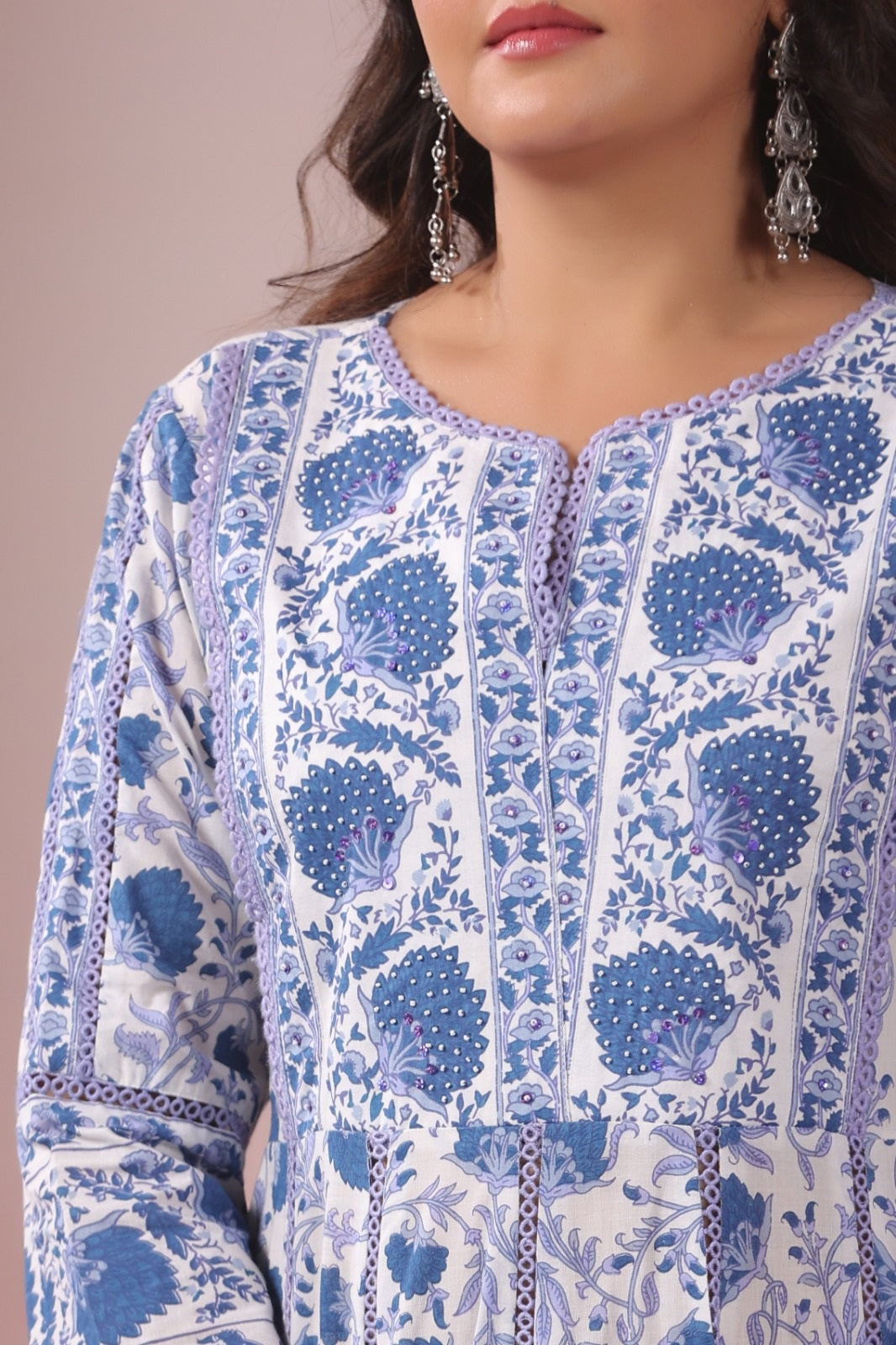 Izza Aqua Blue Floral Cotton Anarkali Set