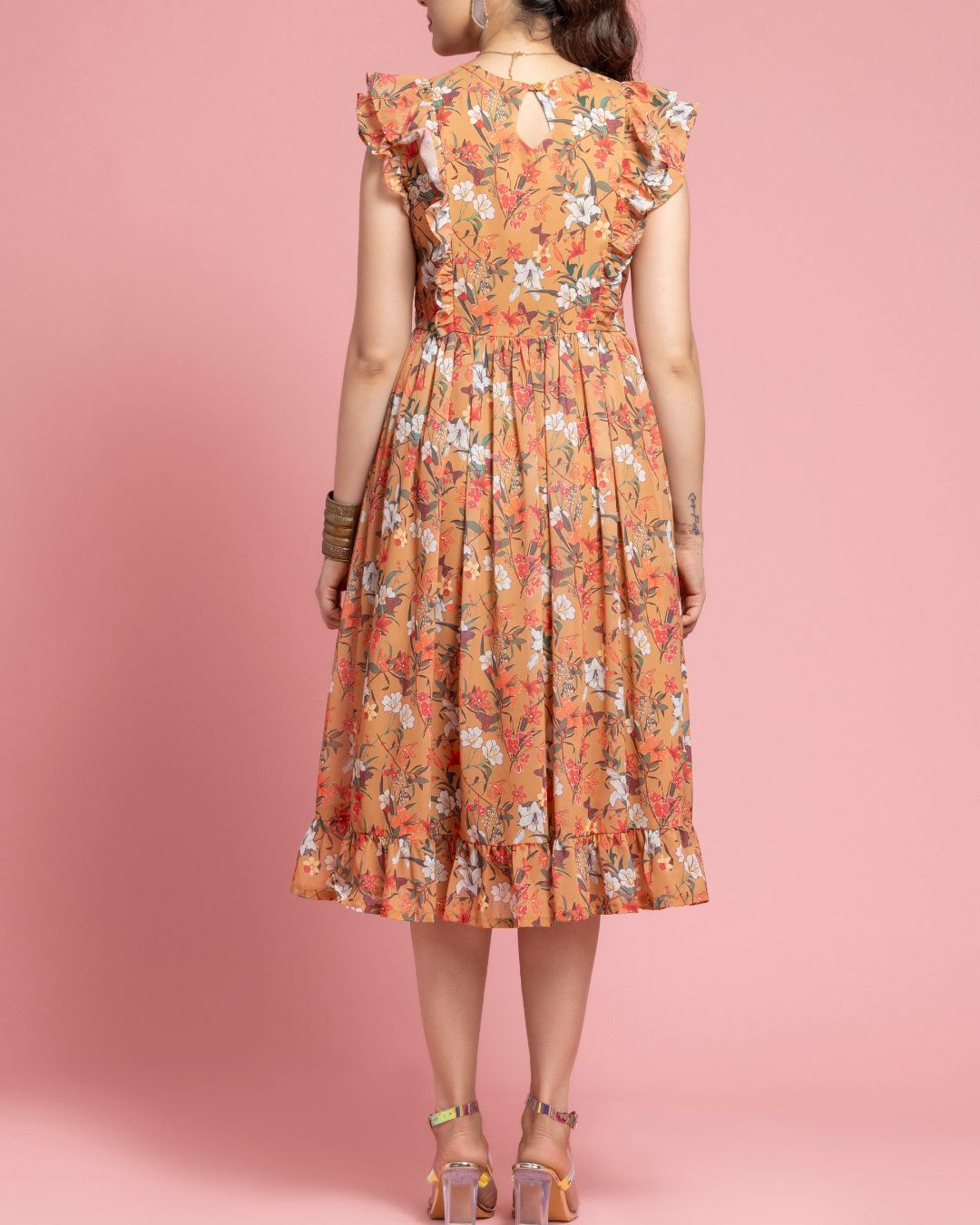 Ruffled Sleeve Mustard Midi Dress