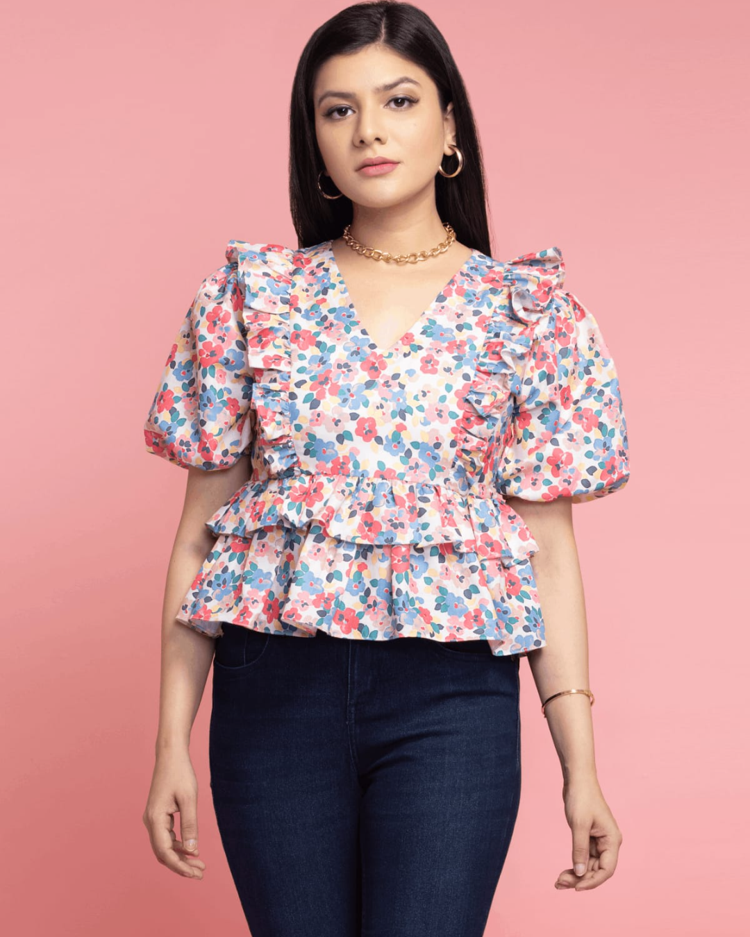 Sweetheart Puffed Sleeves Floral Top