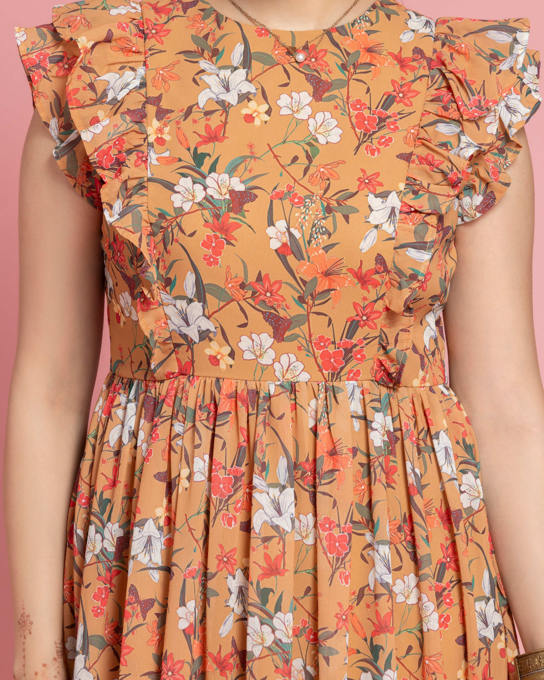 Ruffled Sleeve Mustard Midi Dress