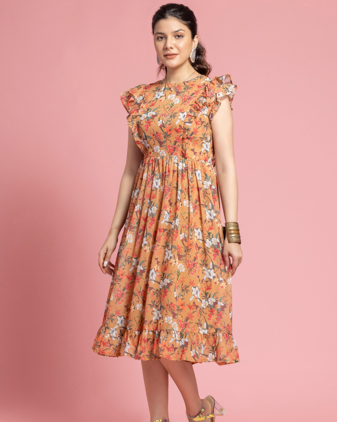 Ruffled Sleeve Mustard Midi Dress