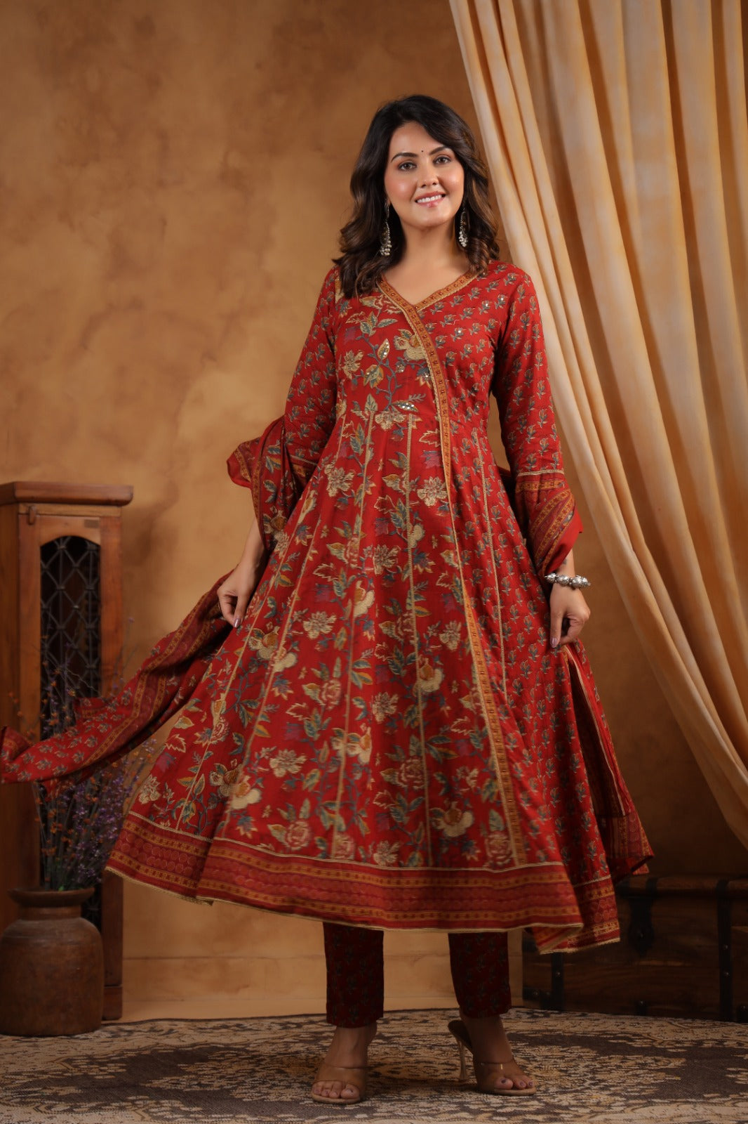 Khwaish Red Cotton Anarkali Set