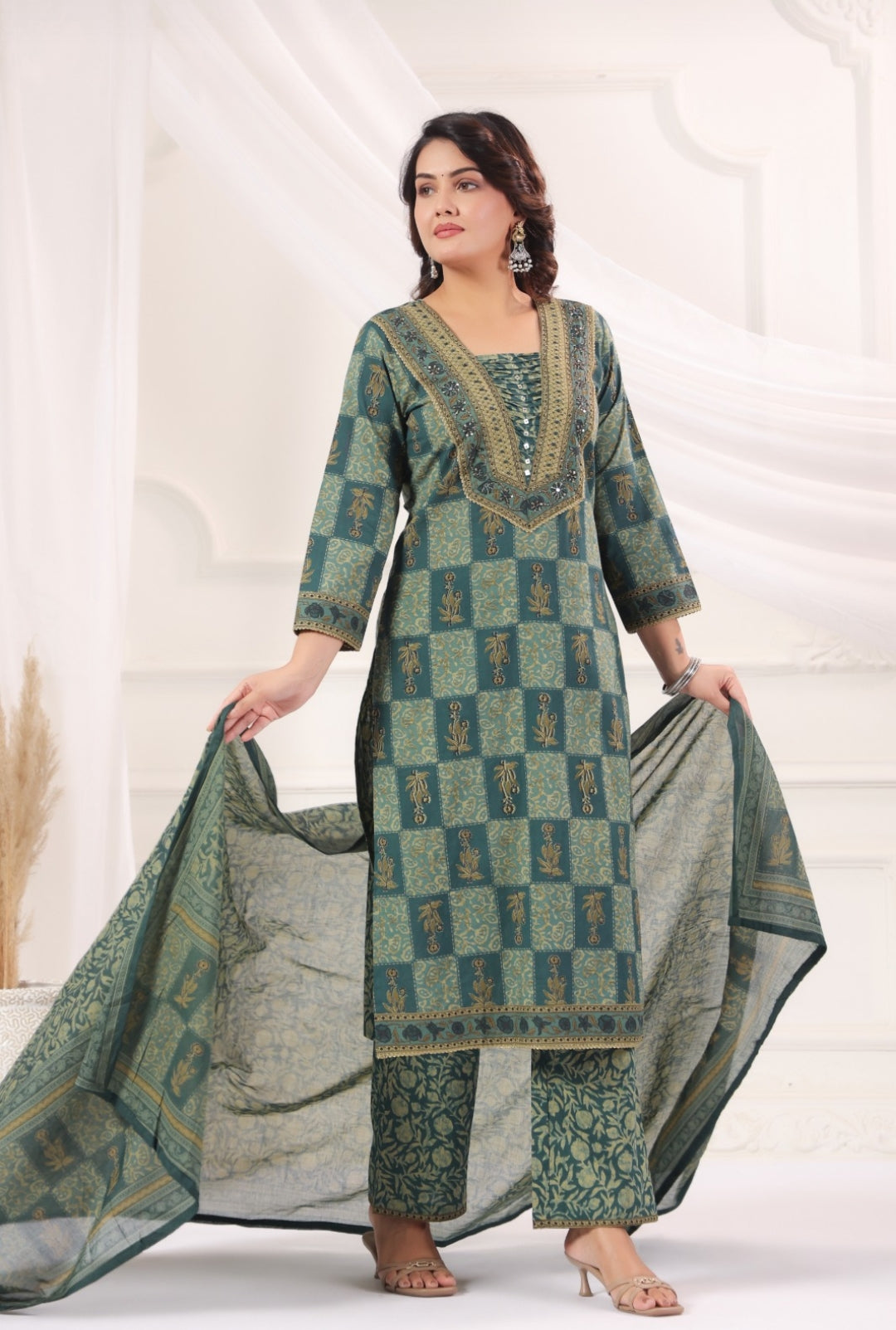 Pranavi Teal Premium Cotton Straight Salwar Suit Set For Women