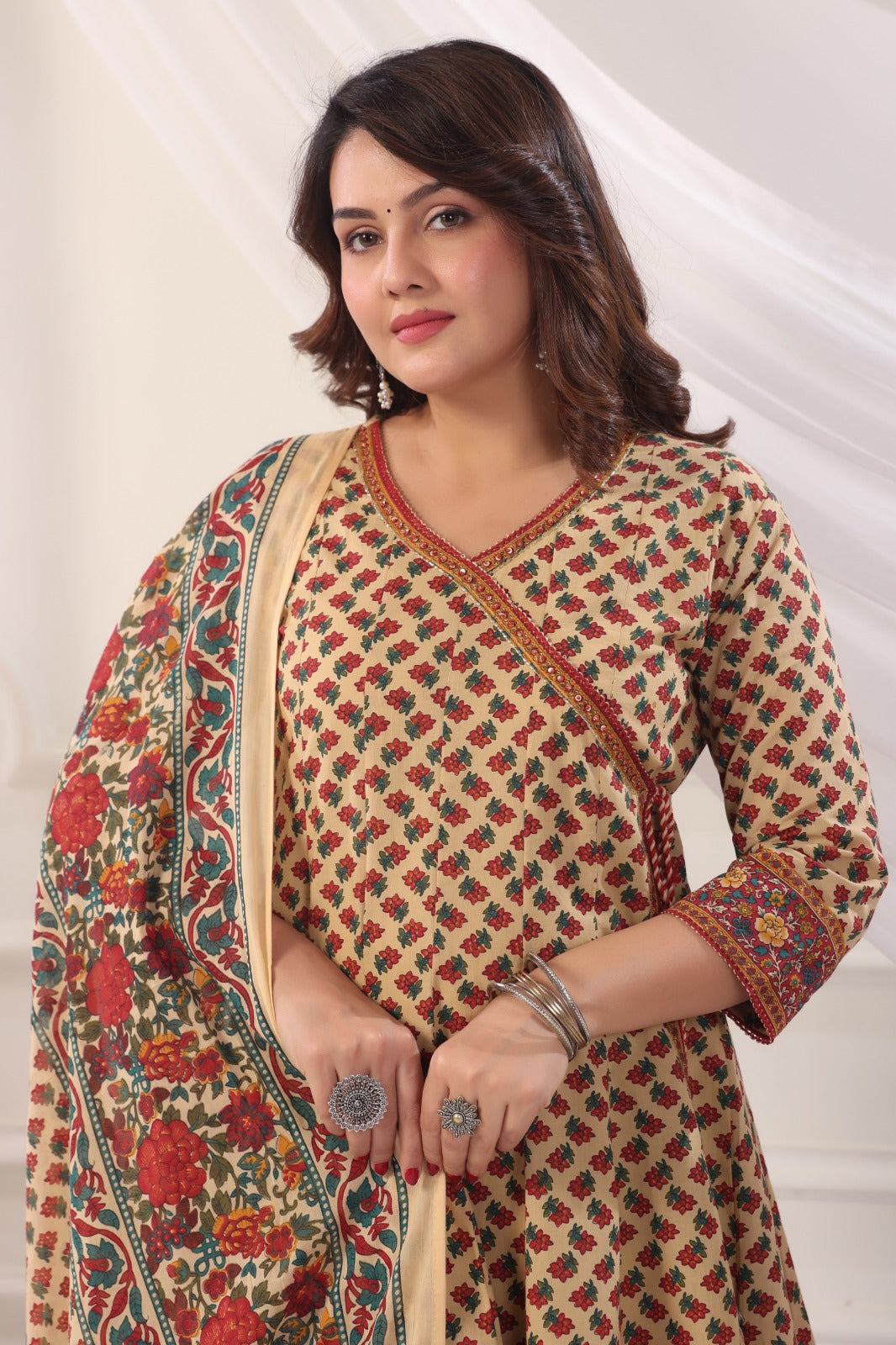 Ramya Beige Maroon Cotton Anarkali Suit Set For Women