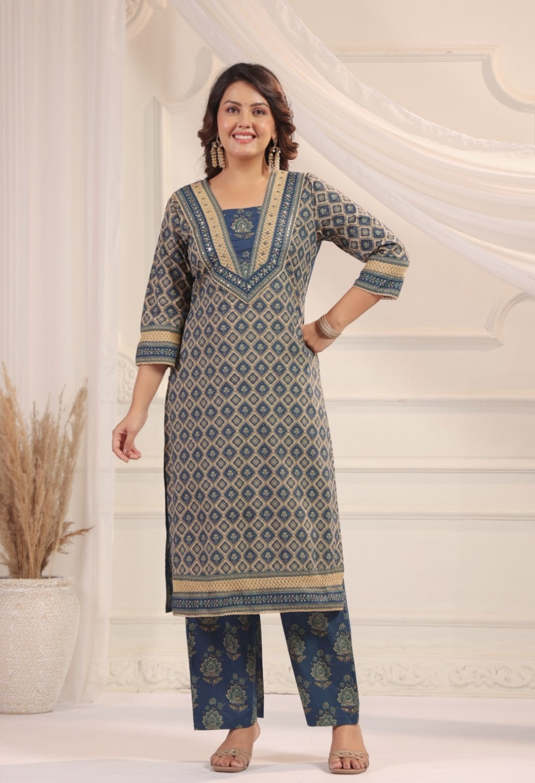Bhanu Blue Cotton Straight Salwar Suit Set For Women