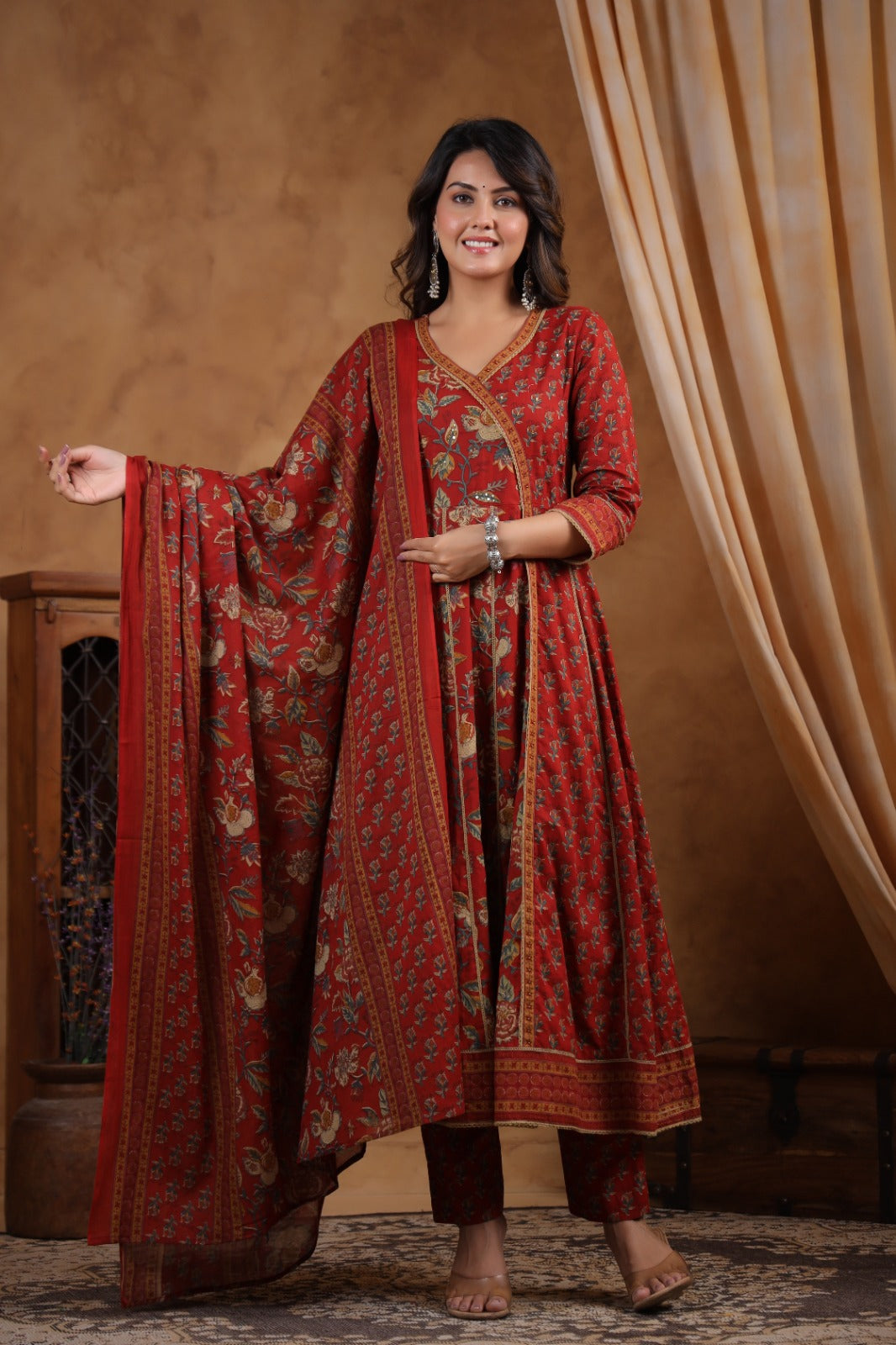 Khwaish Red Cotton Anarkali Set