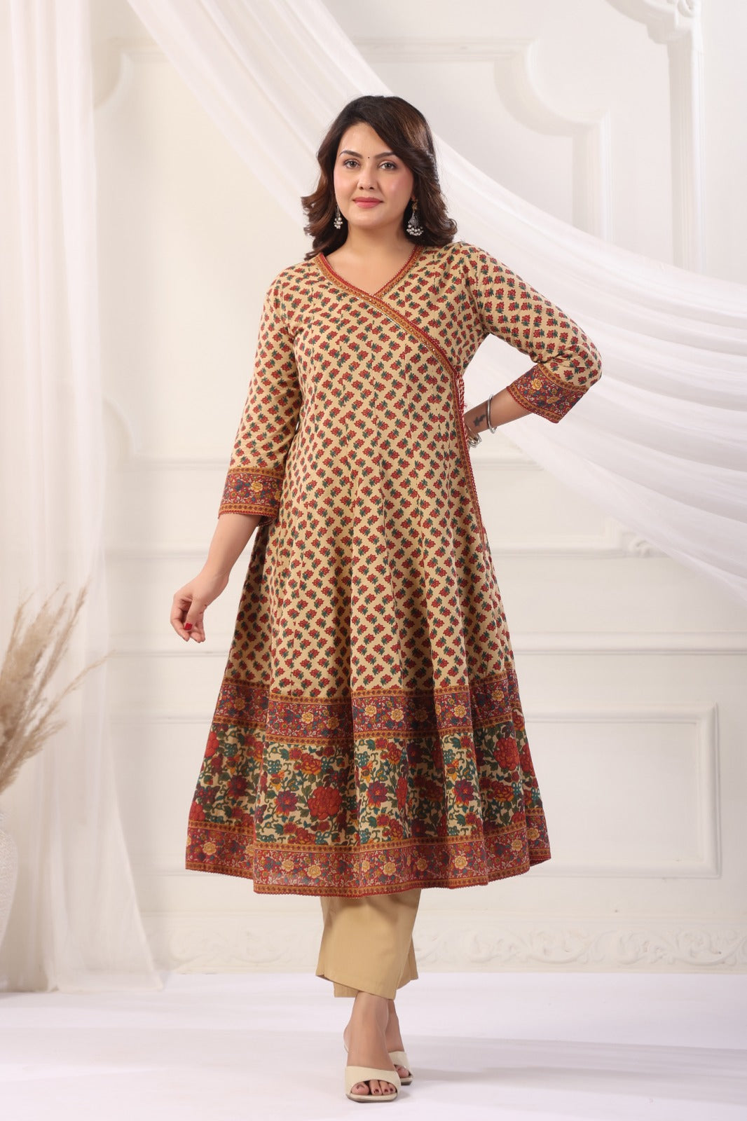 Ramya Beige Maroon Cotton Anarkali Suit Set For Women