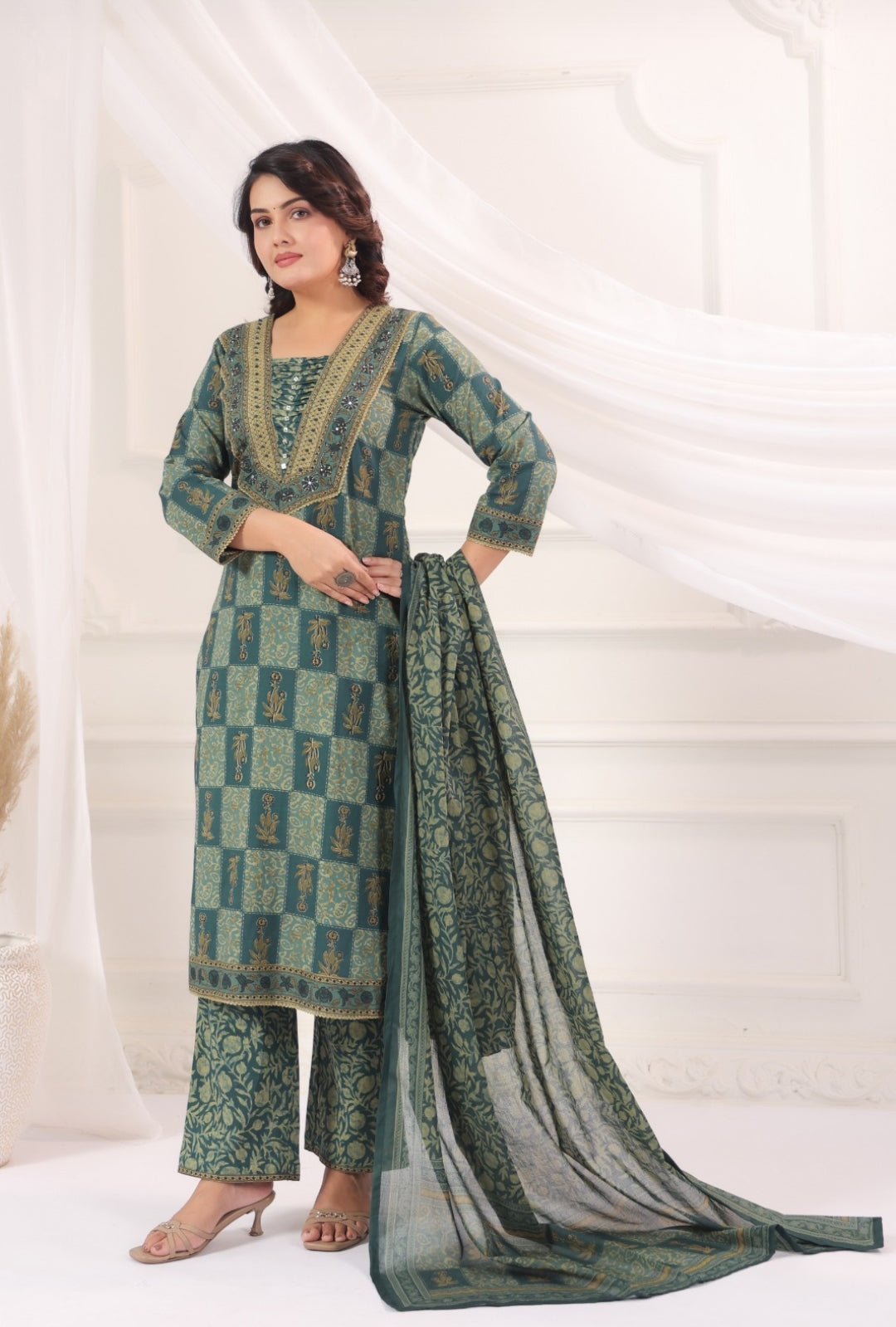 Pranavi Teal Premium Cotton Straight Salwar Suit Set For Women