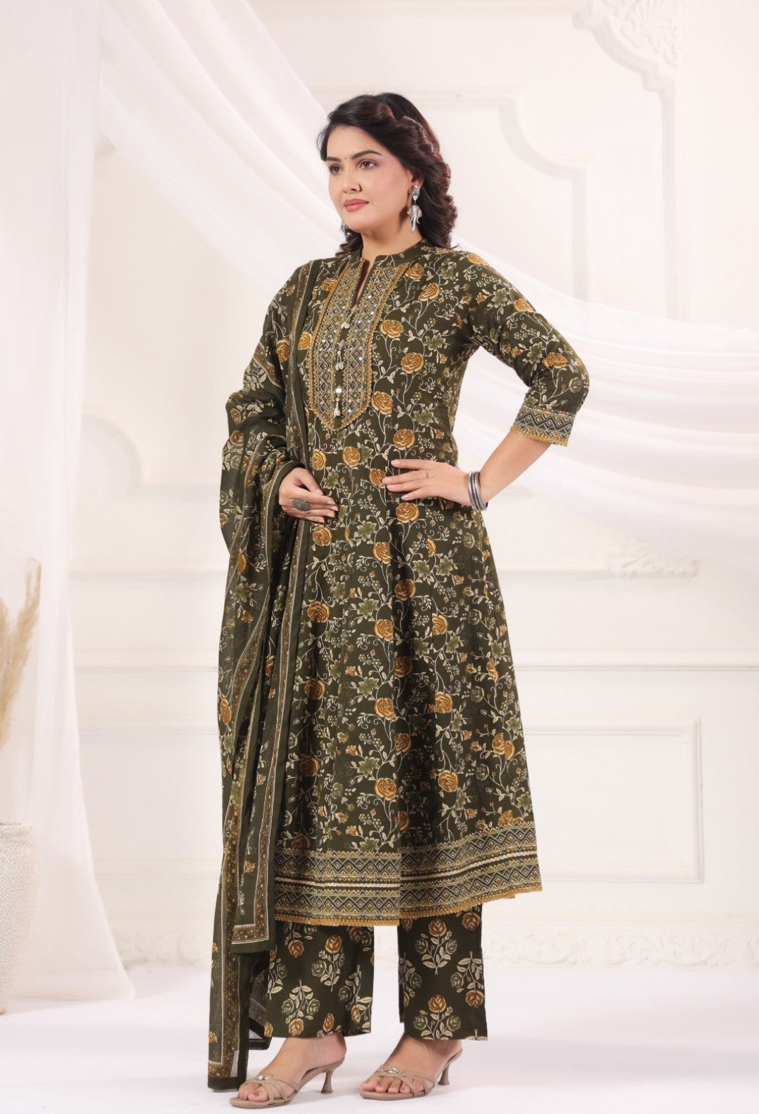 Aishani Green Premium Jaipur Cotton Anarkali Set With Dupatta