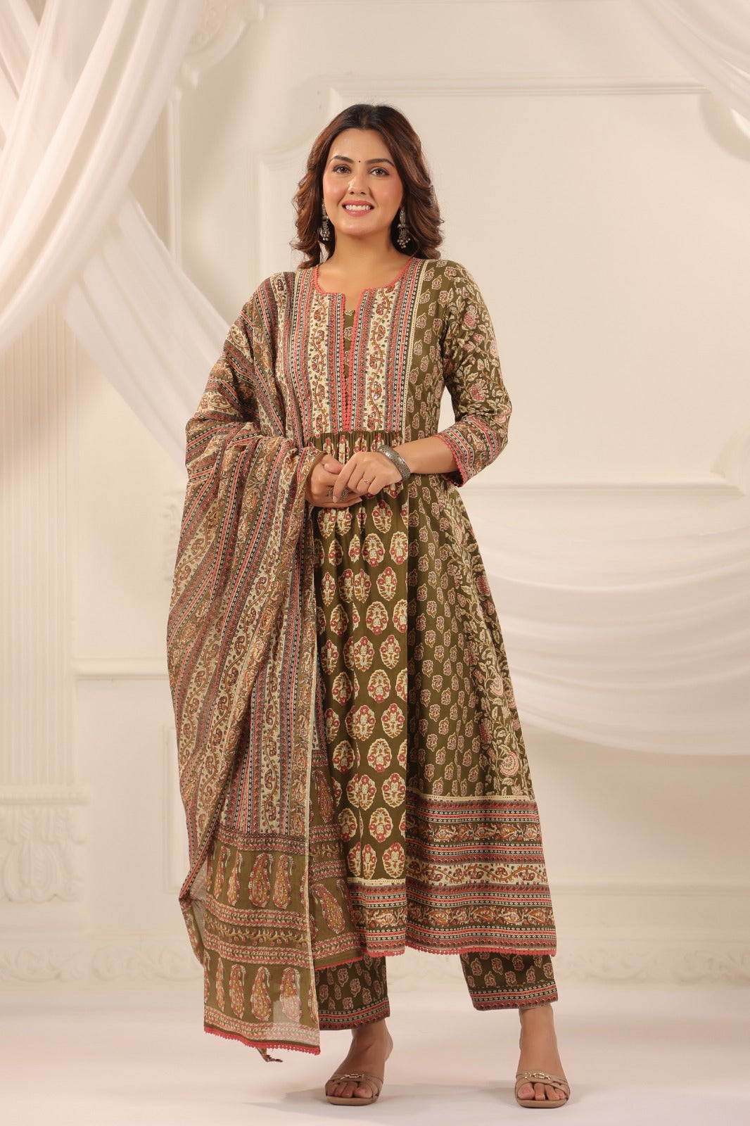 Rajeshwari Mehendi Colour Cotton Anarkali Suit Set For Women