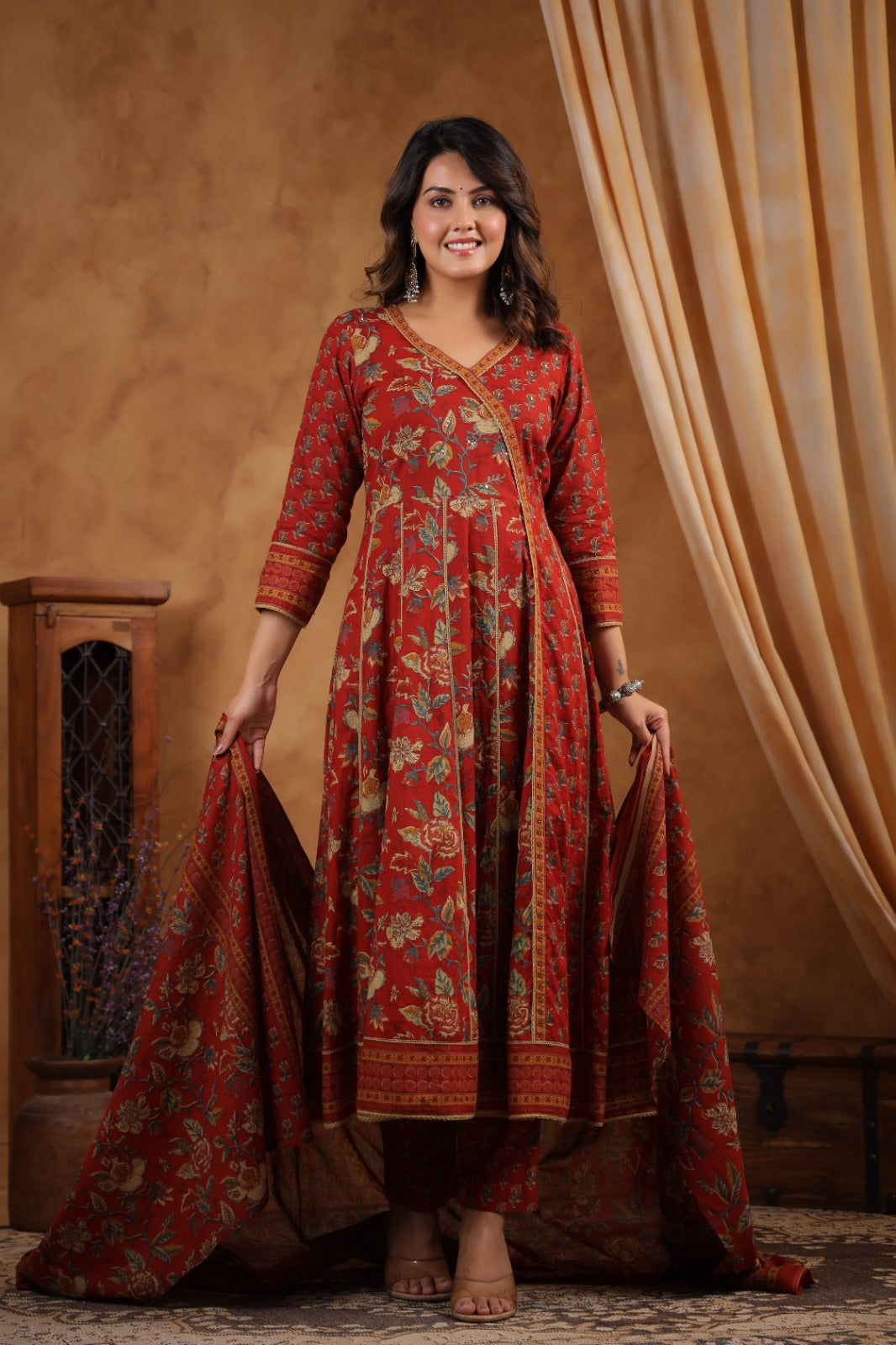 Khwaish Red Cotton Anarkali Set