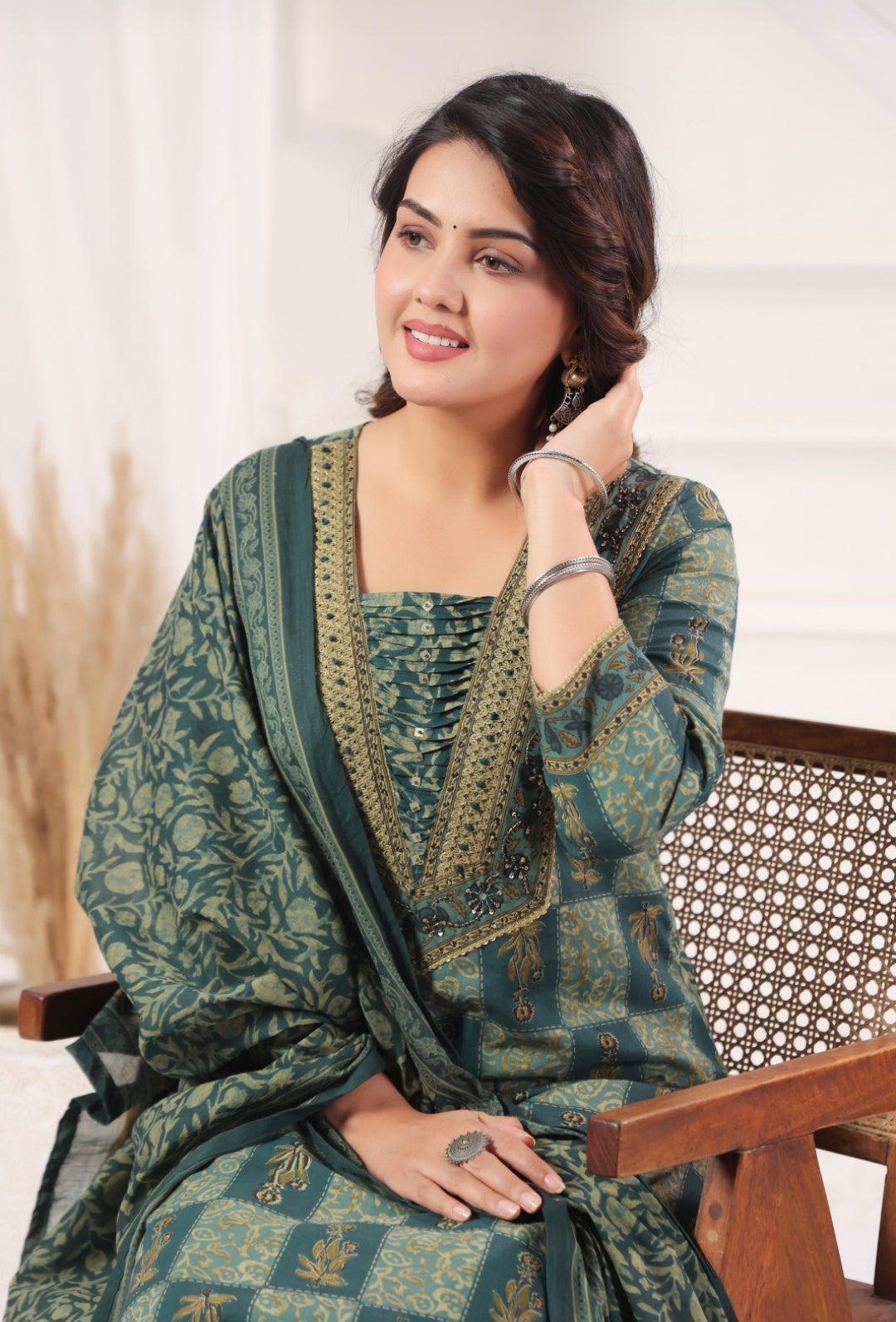 Pranavi Teal Premium Cotton Straight Salwar Suit Set For Women
