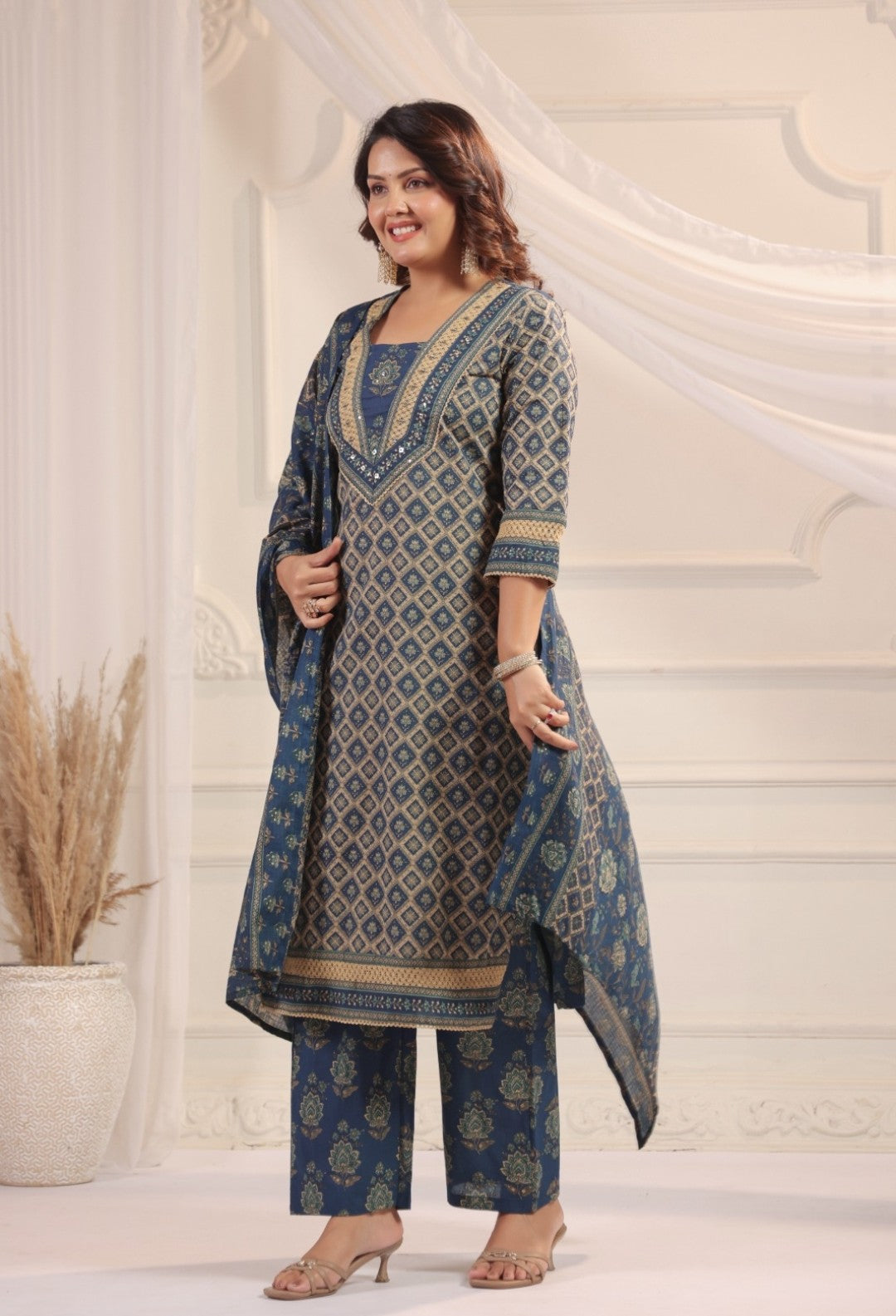 Bhanu Blue Cotton Straight Salwar Suit Set For Women