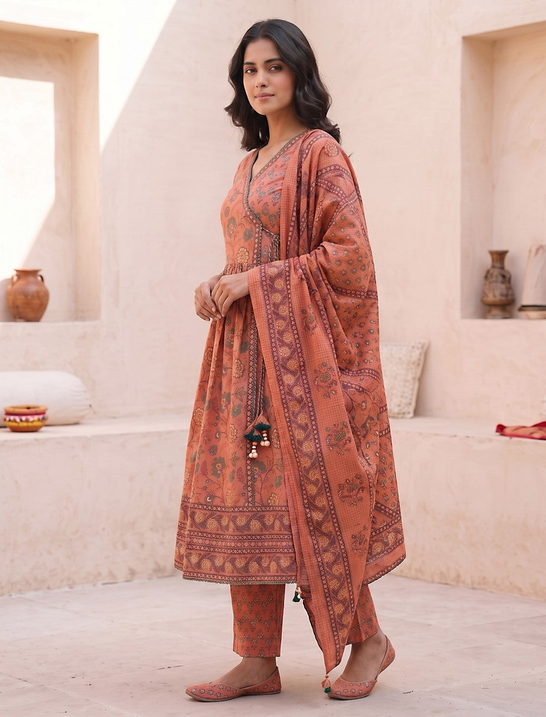 Chaitali Peach Premium Cotton Anarkali Set With Dupatta