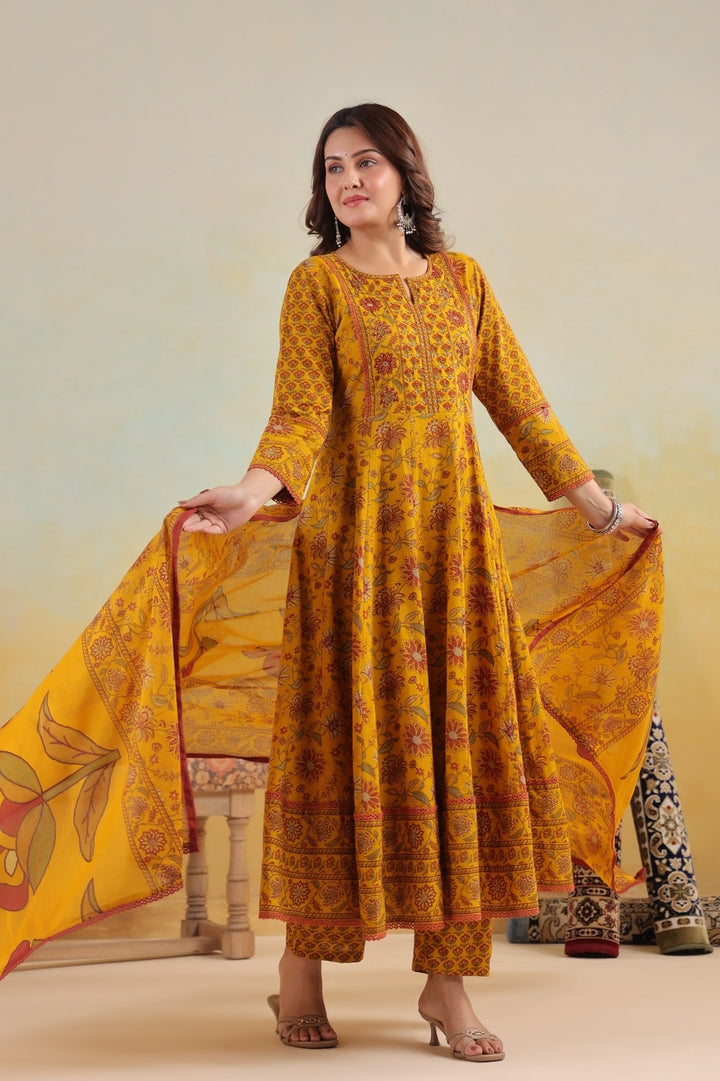 Aadhya Mustard Cotton Anarkali Suit Set