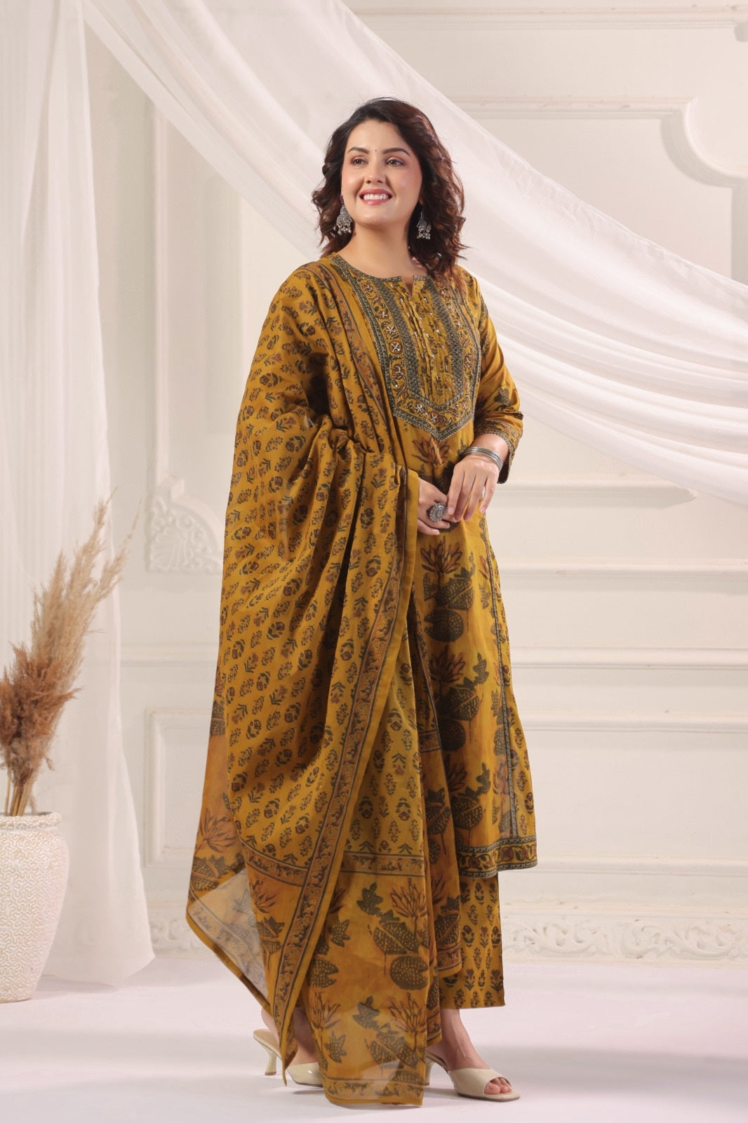 Amani Mustard Cotton Straight Suit Set For Women