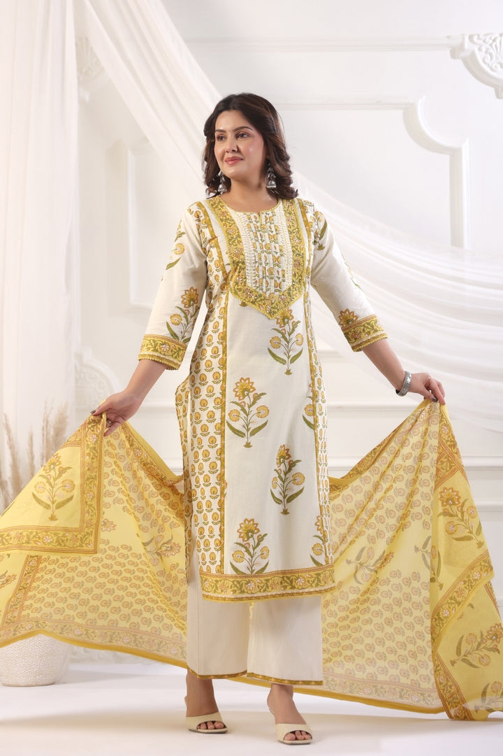 Simran Yellow Cotton Straight Suit Set For Women