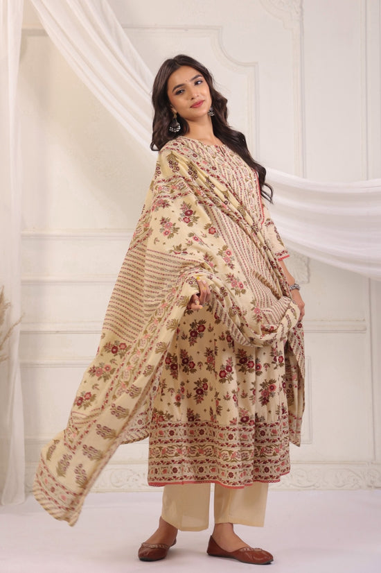 Ramya Beige Maroon Cotton Anarkali Suit Set For Women