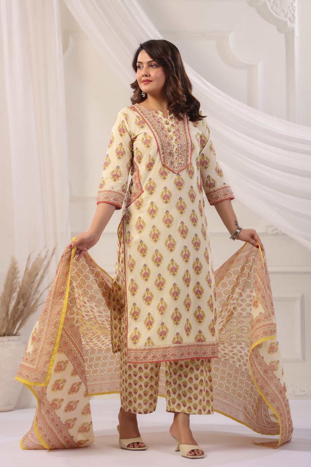 Arya Yellow Cotton Straight Suit Set For Women