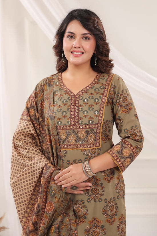 Bhanu Olive Green Cotton Straight Salwar Suit Set With Kota Doria Dupatta For Women