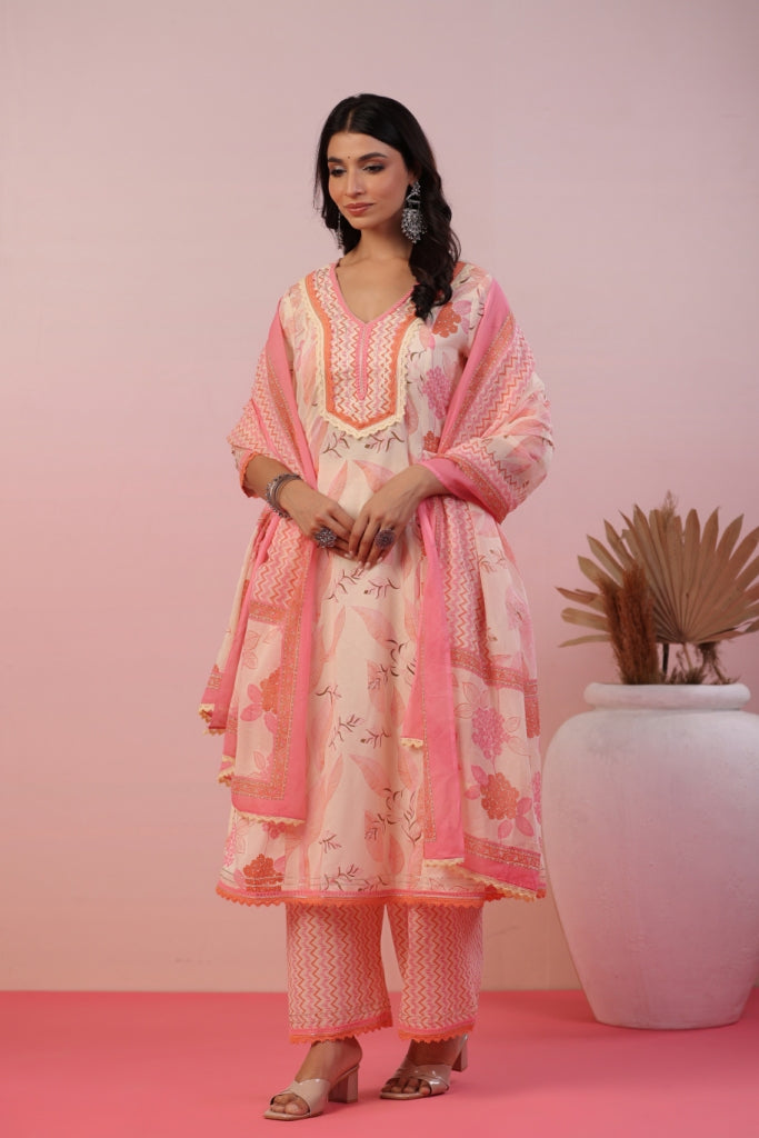 Jannat Pink Floral Cotton Anarkali Set