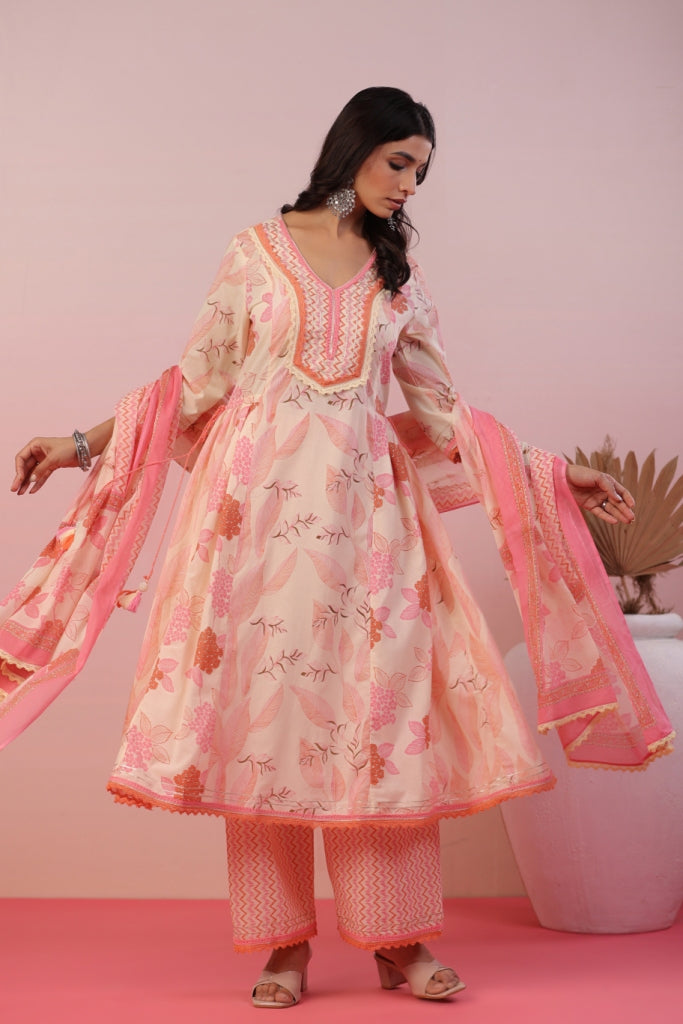Jannat Pink Floral Cotton Anarkali Set
