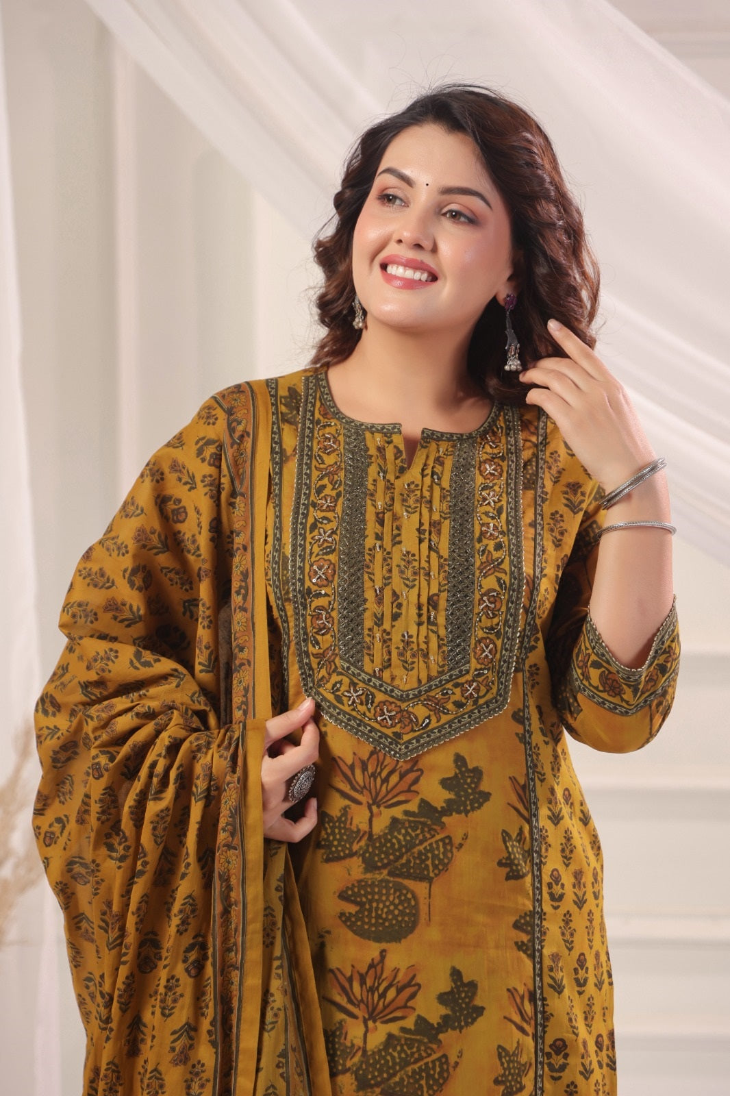 Amani Mustard Cotton Straight Suit Set For Women