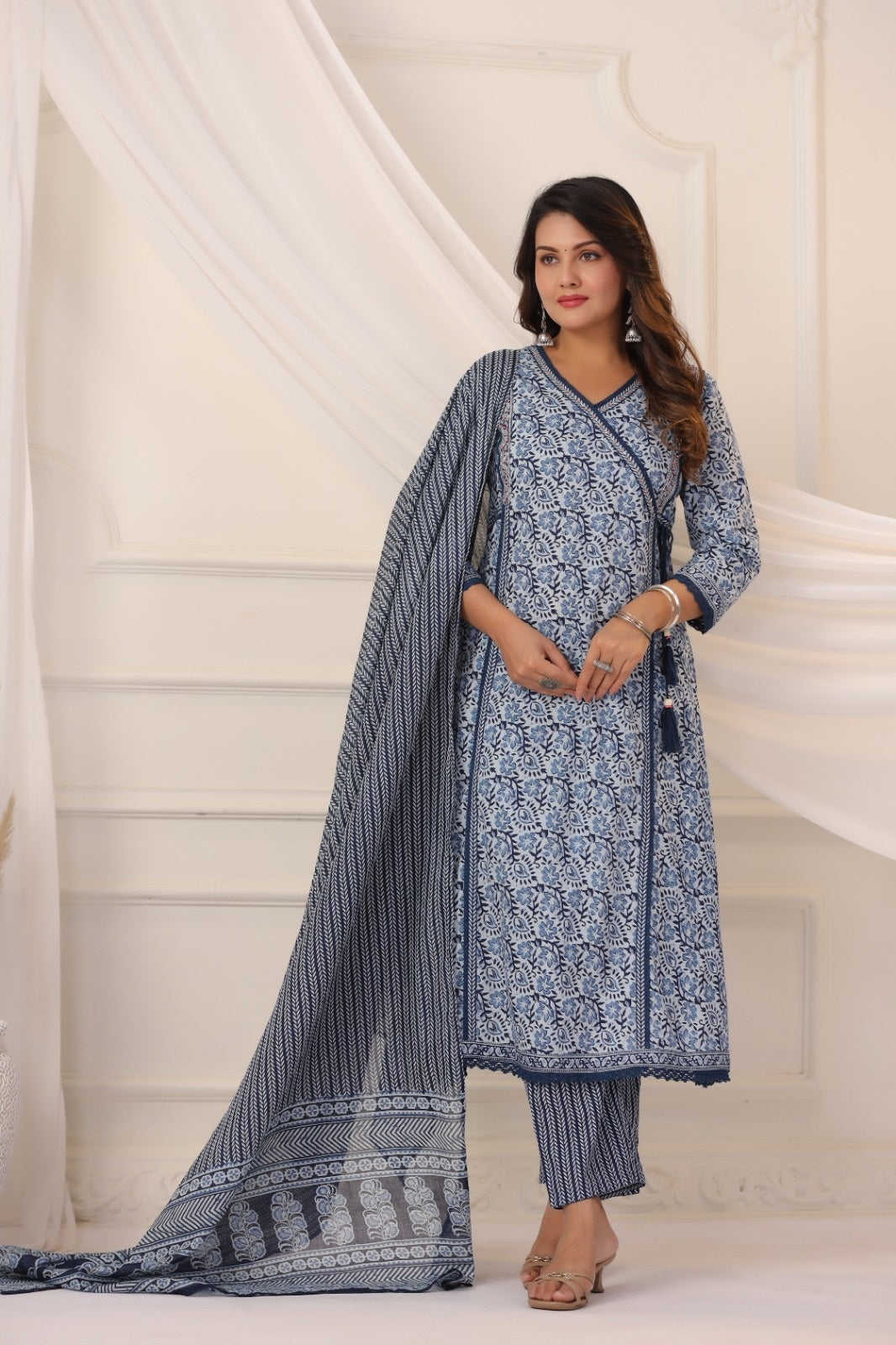 Maya Indigo Blue Cotton A Line Suit Set For Women