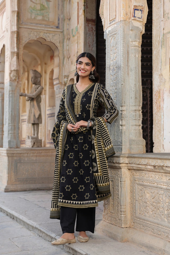 Madhavi Black  Cotton A Line Suit Set For Women