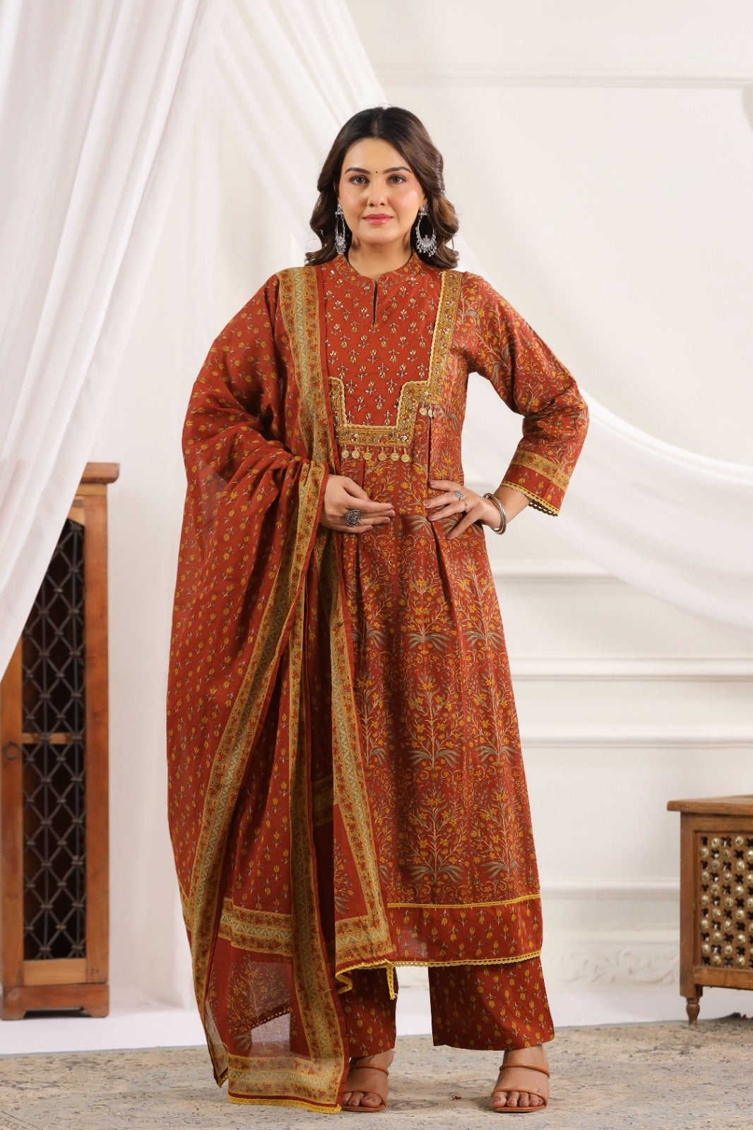 Adira Brown Cotton A Line Suit Set For Women