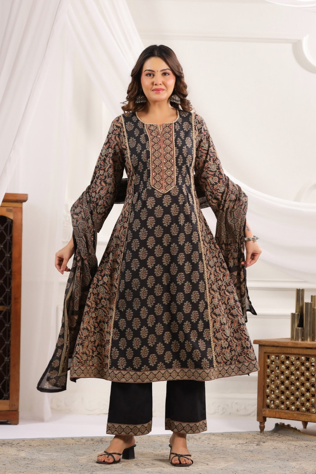 Indira Black Cotton A Line Suit Set