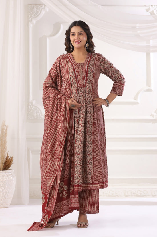 Meera Maroon Cotton A Line Suit Set For Women