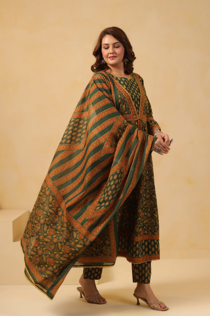 Zohra Green Premium Cotton Anarkali Suit Set
