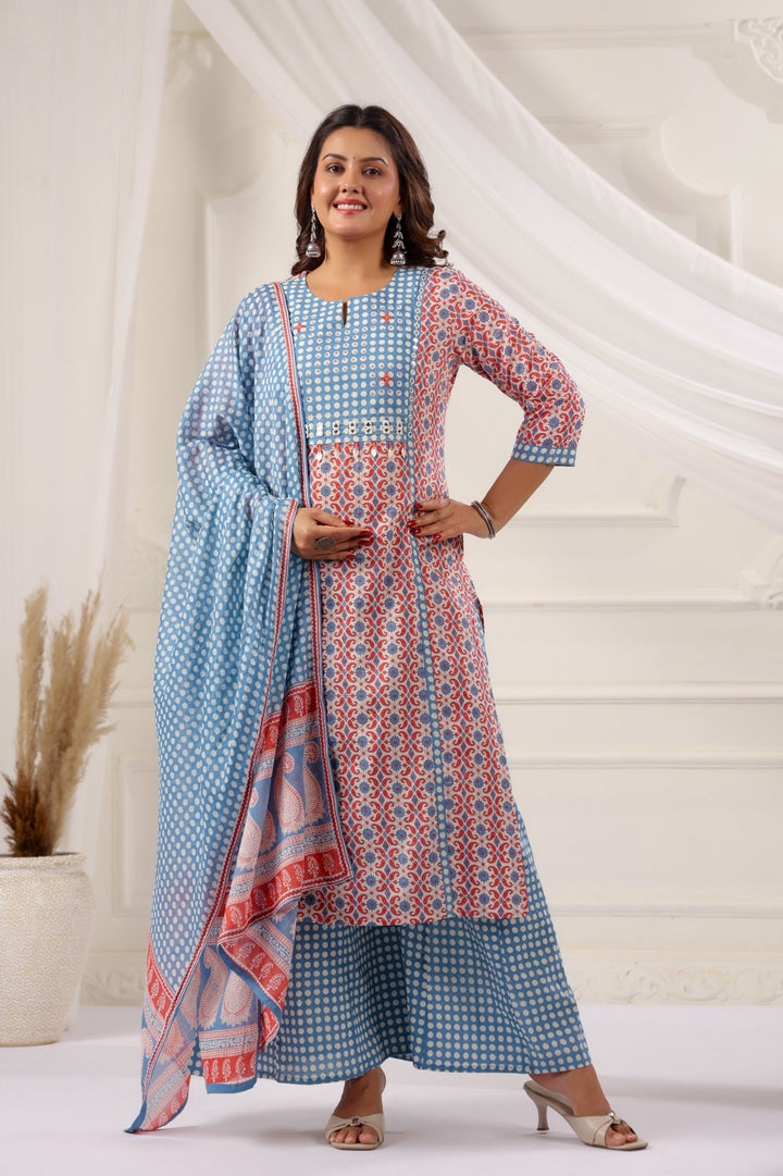 Gauri Blue Cotton Salwar Suit Set For Women