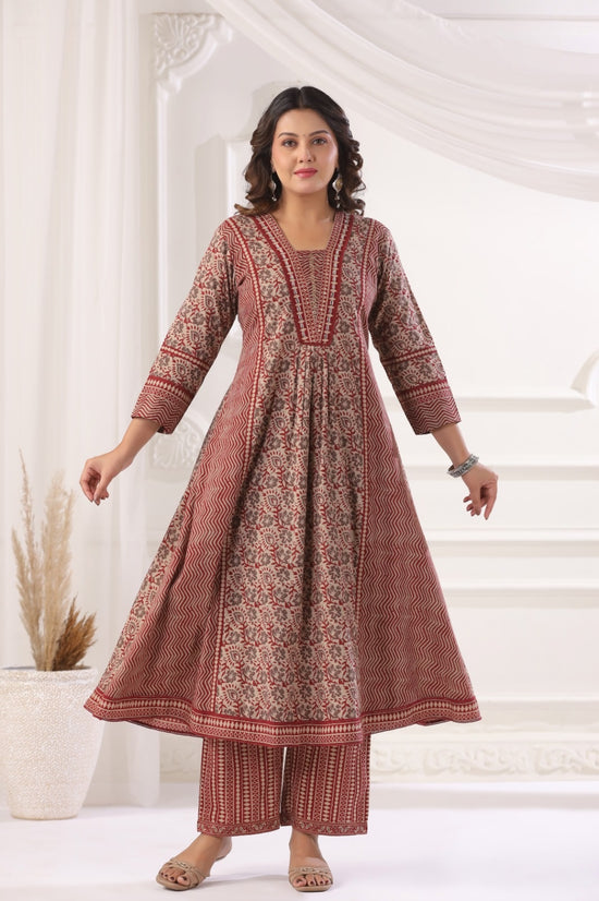 Meera Maroon Cotton A Line Suit Set For Women