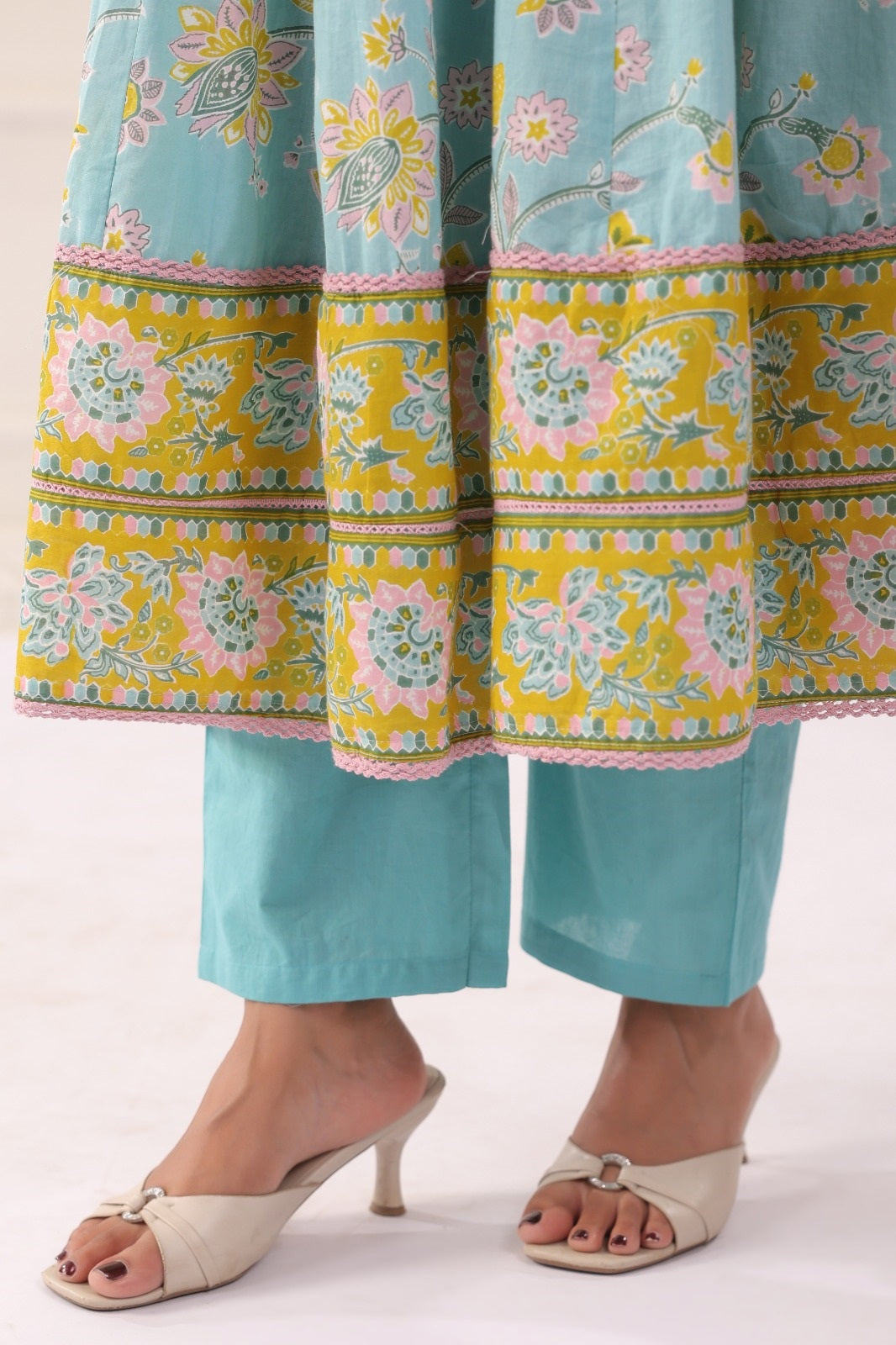 Ayana Aqua Blue Cotton Anarkali Suit Set For Women