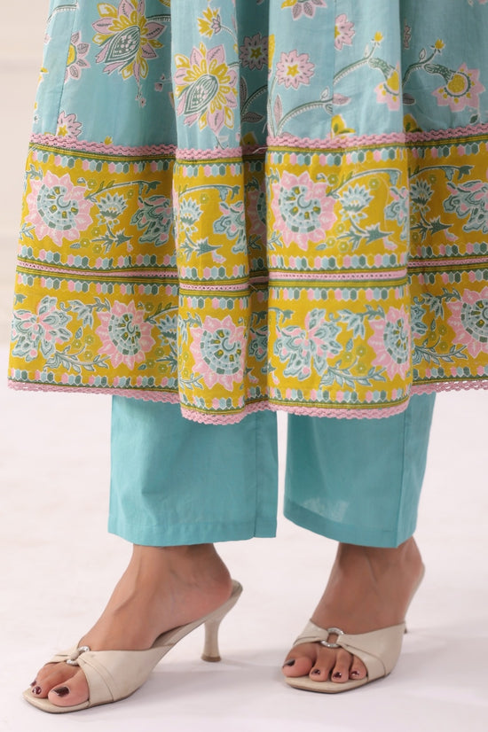 Ayana Aqua Blue Cotton Anarkali Suit Set For Women