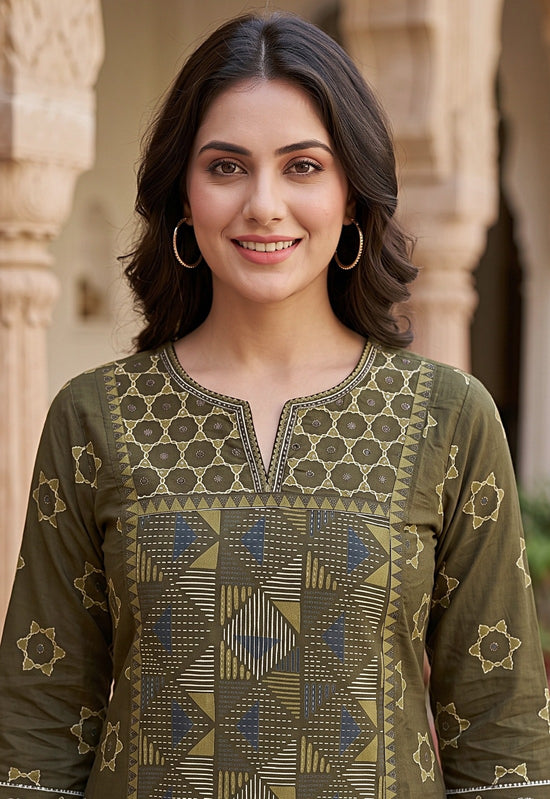 Sanika Green Premium Cotton Straight Salwar Suit Set For Women