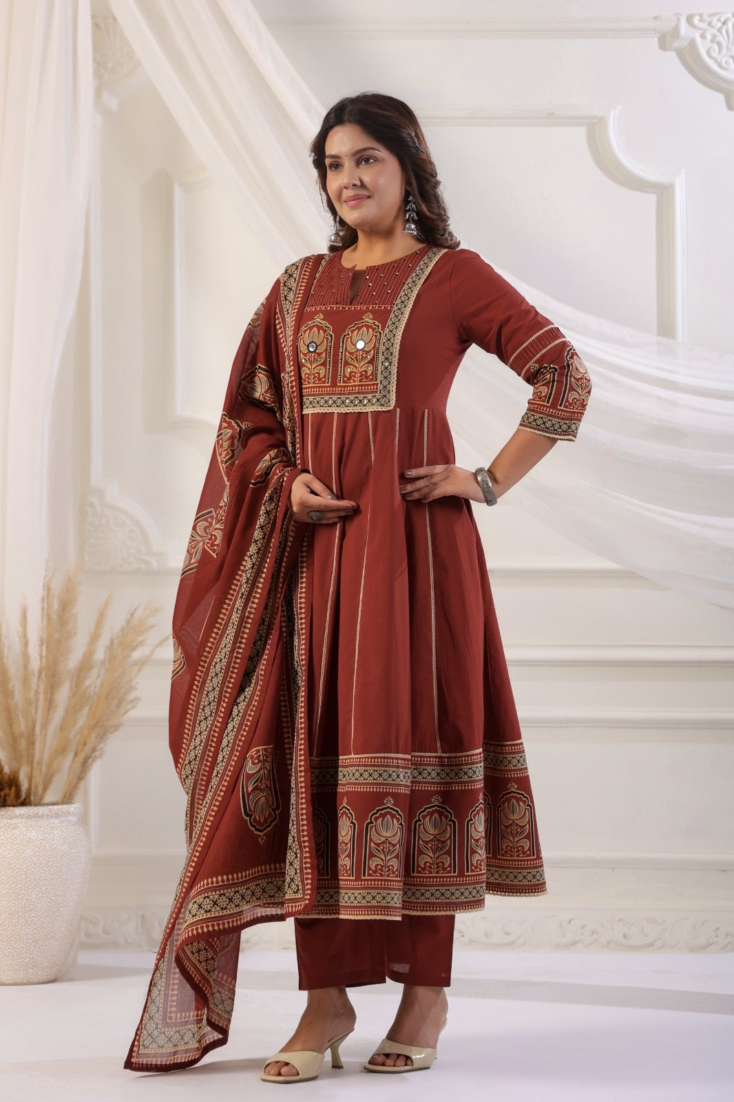 Rukmini Rust Red Cotton Anarkali Suit Set For Women