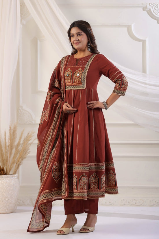 Rukmini Rust Red Cotton Anarkali Suit Set For Women